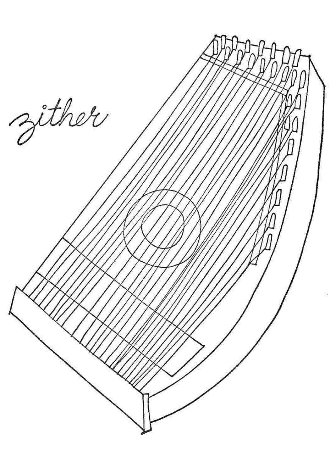 Раскраски Цитра струнный щипковый музыкальный инструмент Музыкальный инструмент струнный щипковый музыкальный инструмент
