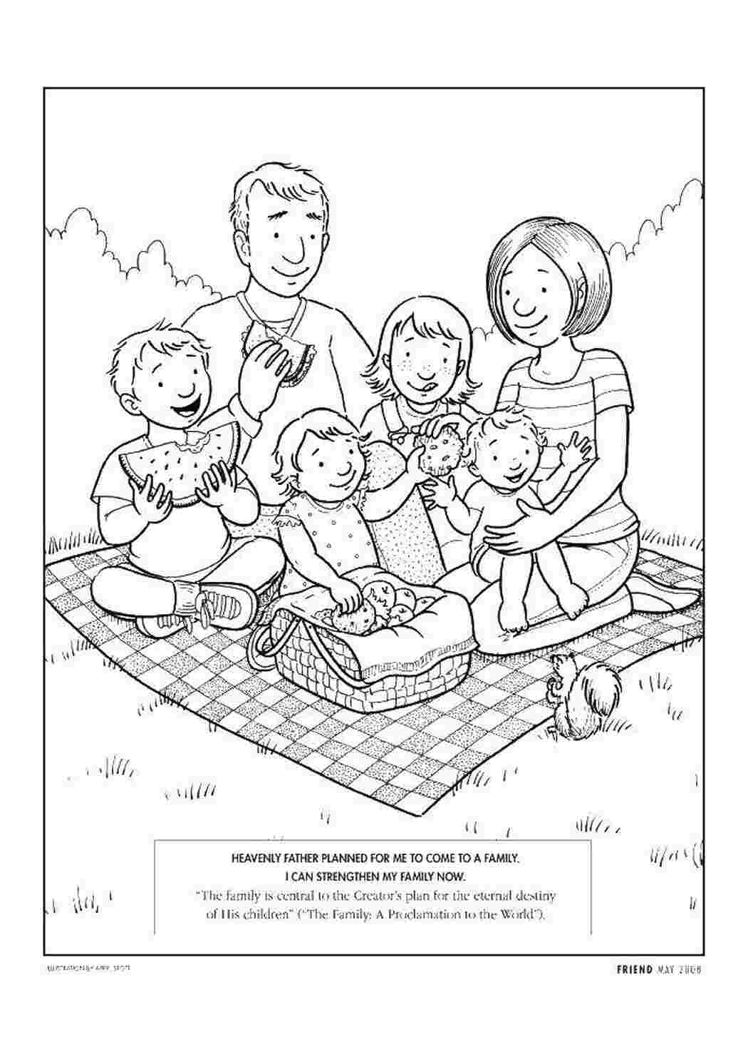 Раскраски Семья и пикник раскраски мама, папа, корзина, фрукты