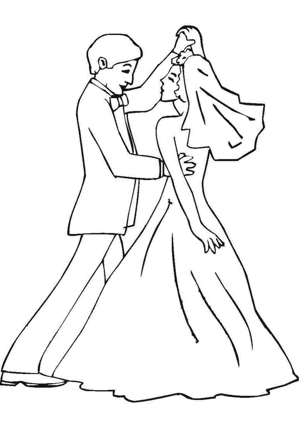 Раскраски Молодожёны танцуют Свадьба Свадьба, платье, жених, невеста