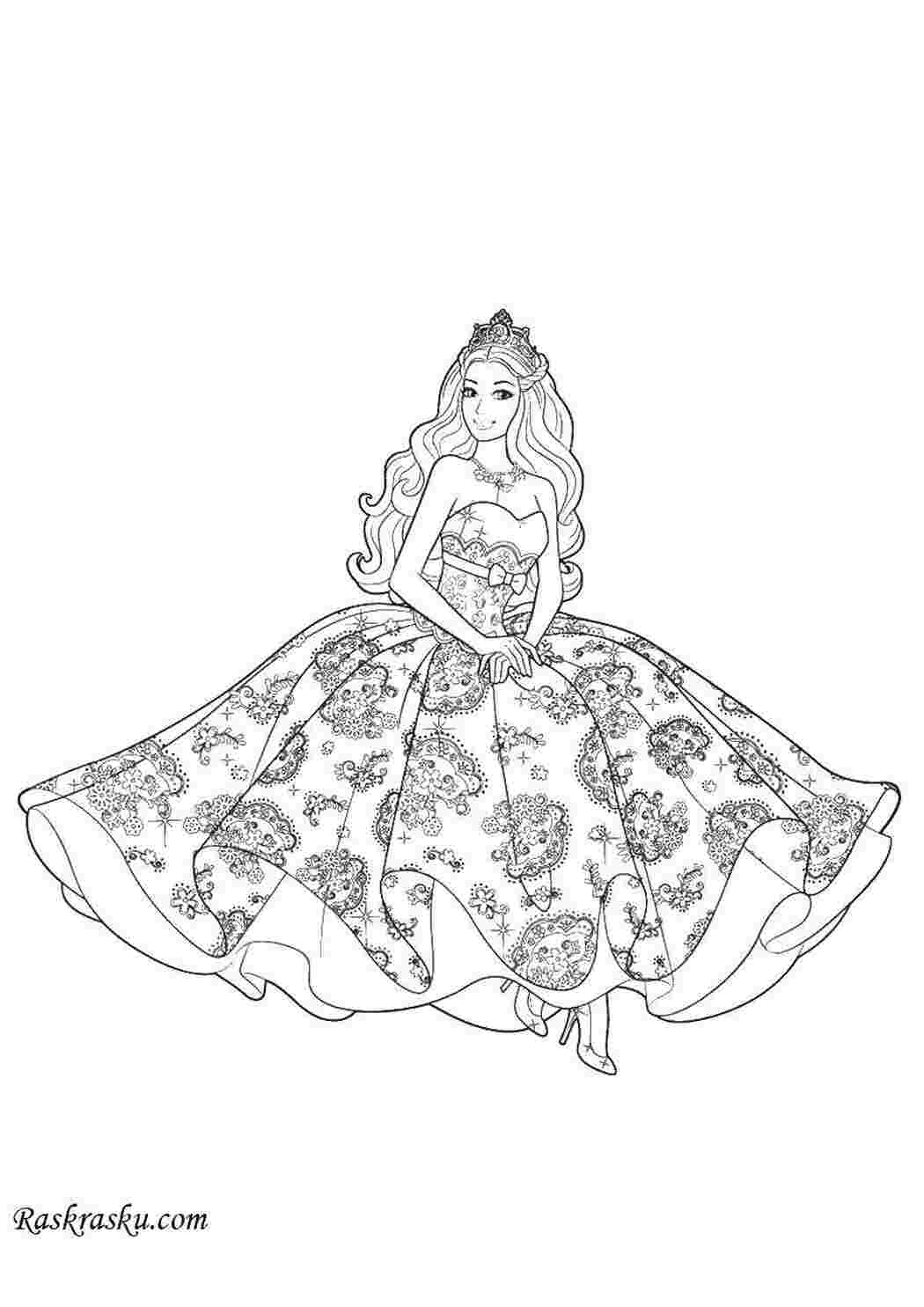 Раскраски Принцесса в узорчатом платье бальные платья платья, принцессы, для девочек