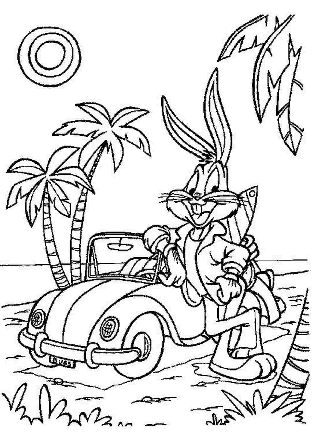 Раскраски картинки на рабочий стол онлайн Кролик возле машины, пальмы из мультфильмов Распечатать раскраски для мальчиков