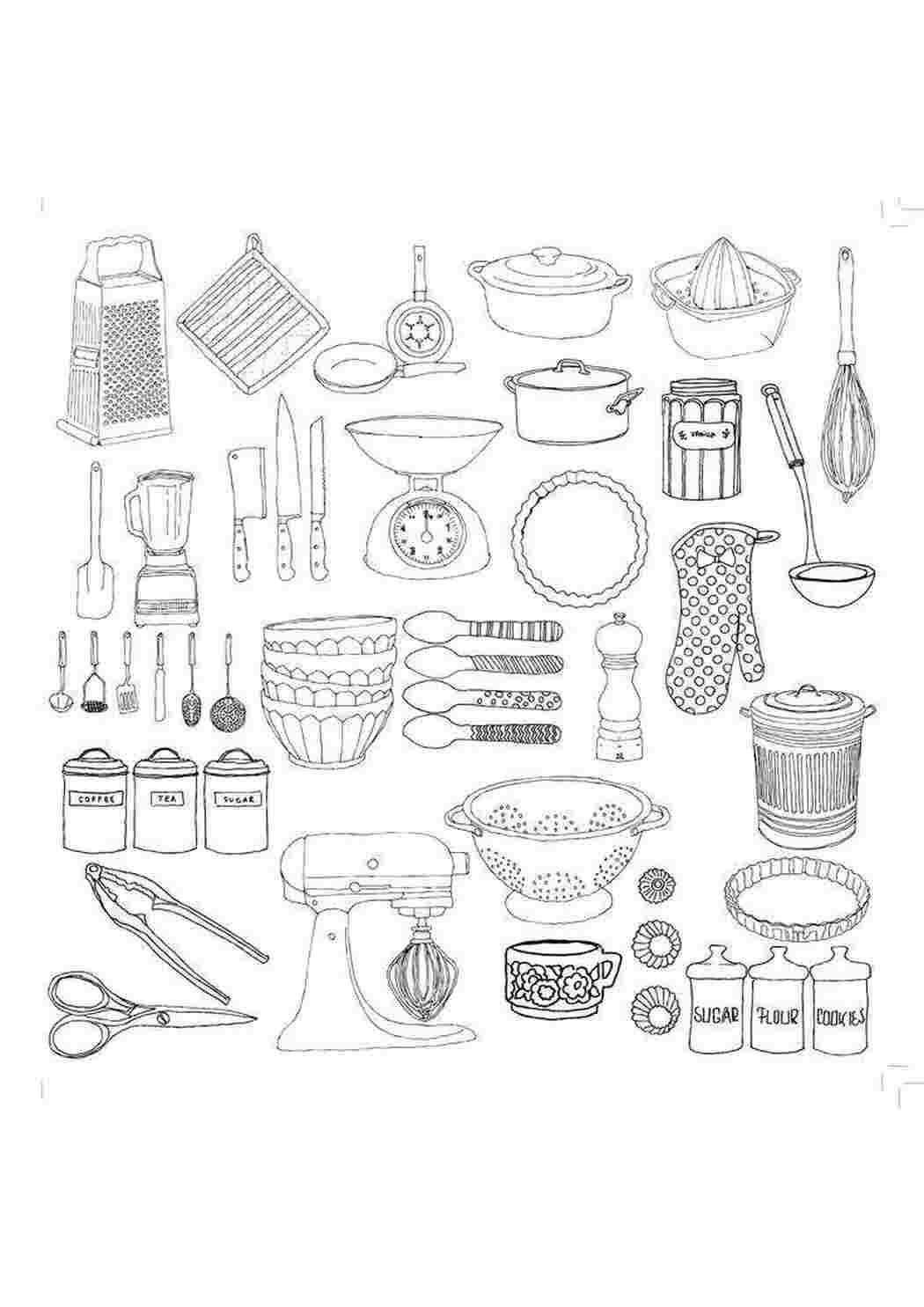 Раскраски Предметы кухни Кухня кухня, посуда, кухонные приборы