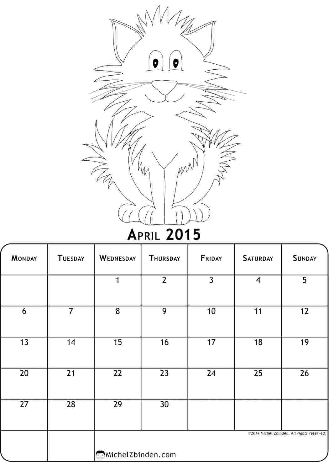 Раскраски Апрель и кот Календарь апрель, кот