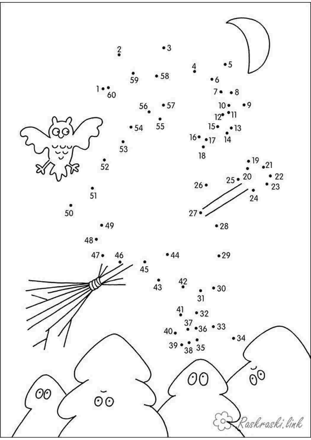 Раскраски сова, луна, веник,леса Раскраски Соедини по точкам 
