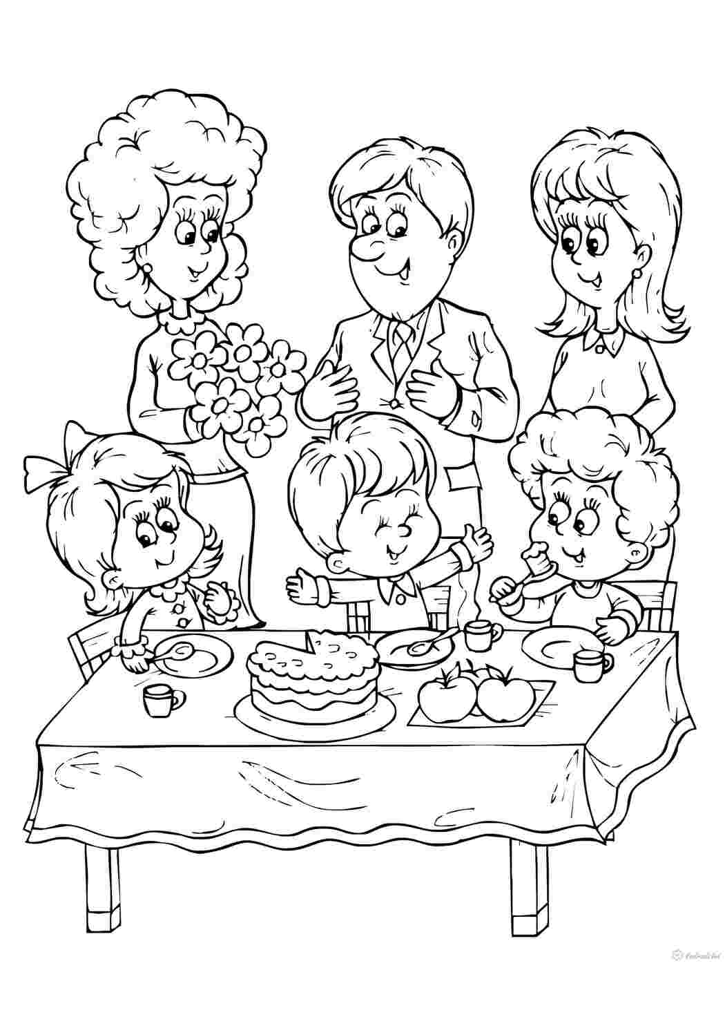 Раскраски Семья и торт семья мама, папа, дети, торт, яблоки