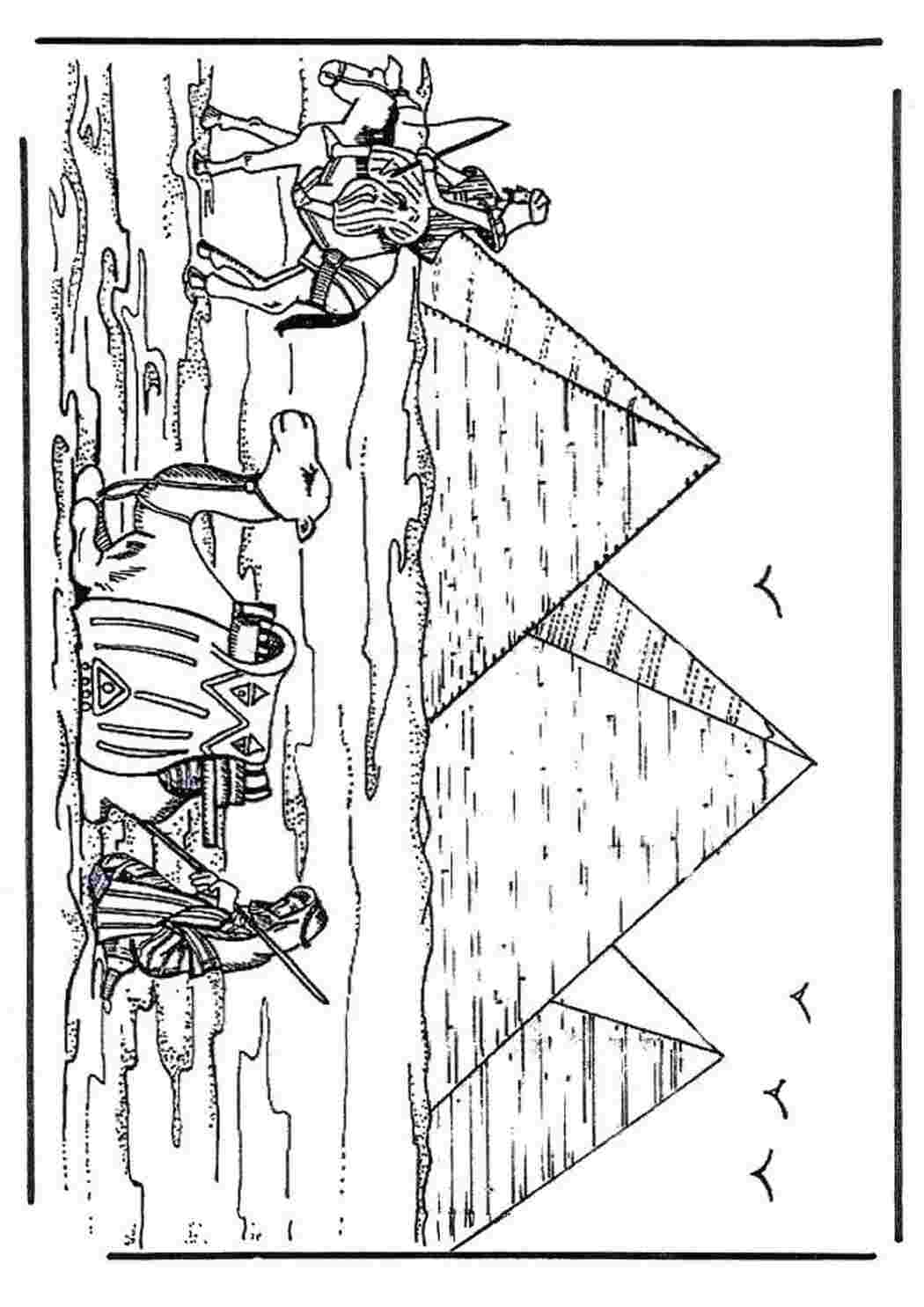 Раскраски   Три пирамиды, караван с верблюдами и лошадьми