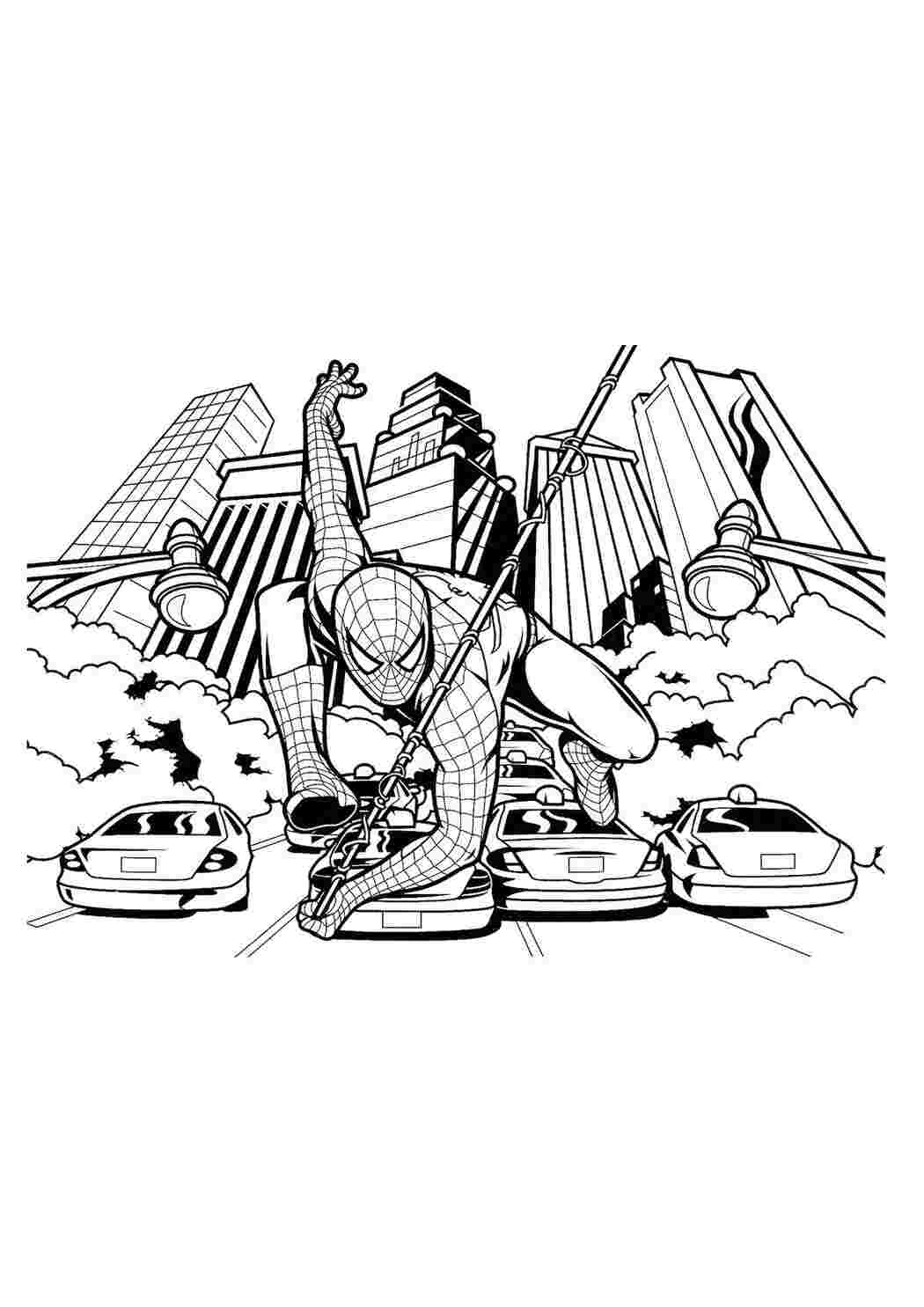 Для мальчиков, Супергерои, Раскраска, Раскраски для мальчиков, Супергерои, Человек-паук, Человек-паук в городе, Машины, Небоскрёбы.jpg