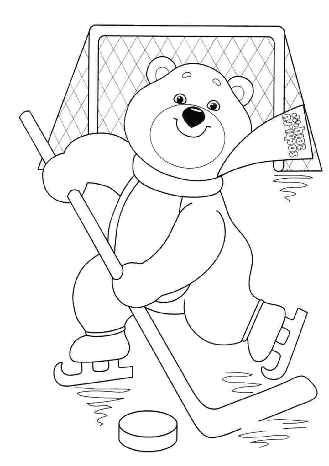 Раскраски раскраски олимпиада для девочек, Мишка играет в хоккей,  Мишка Мишка