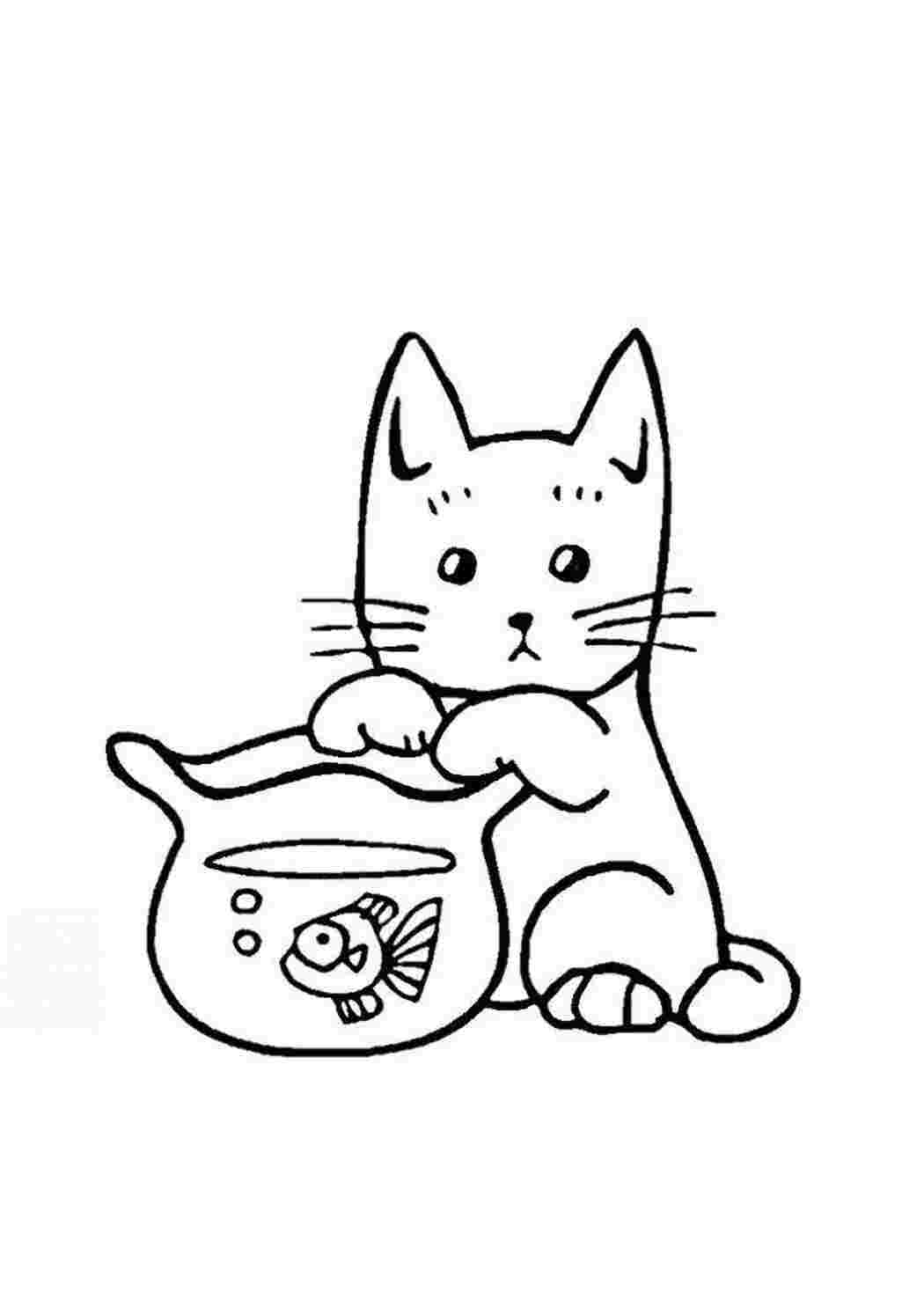 Раскраски Рисунок печального котенка с рыбками домашние животные кошка, кот
