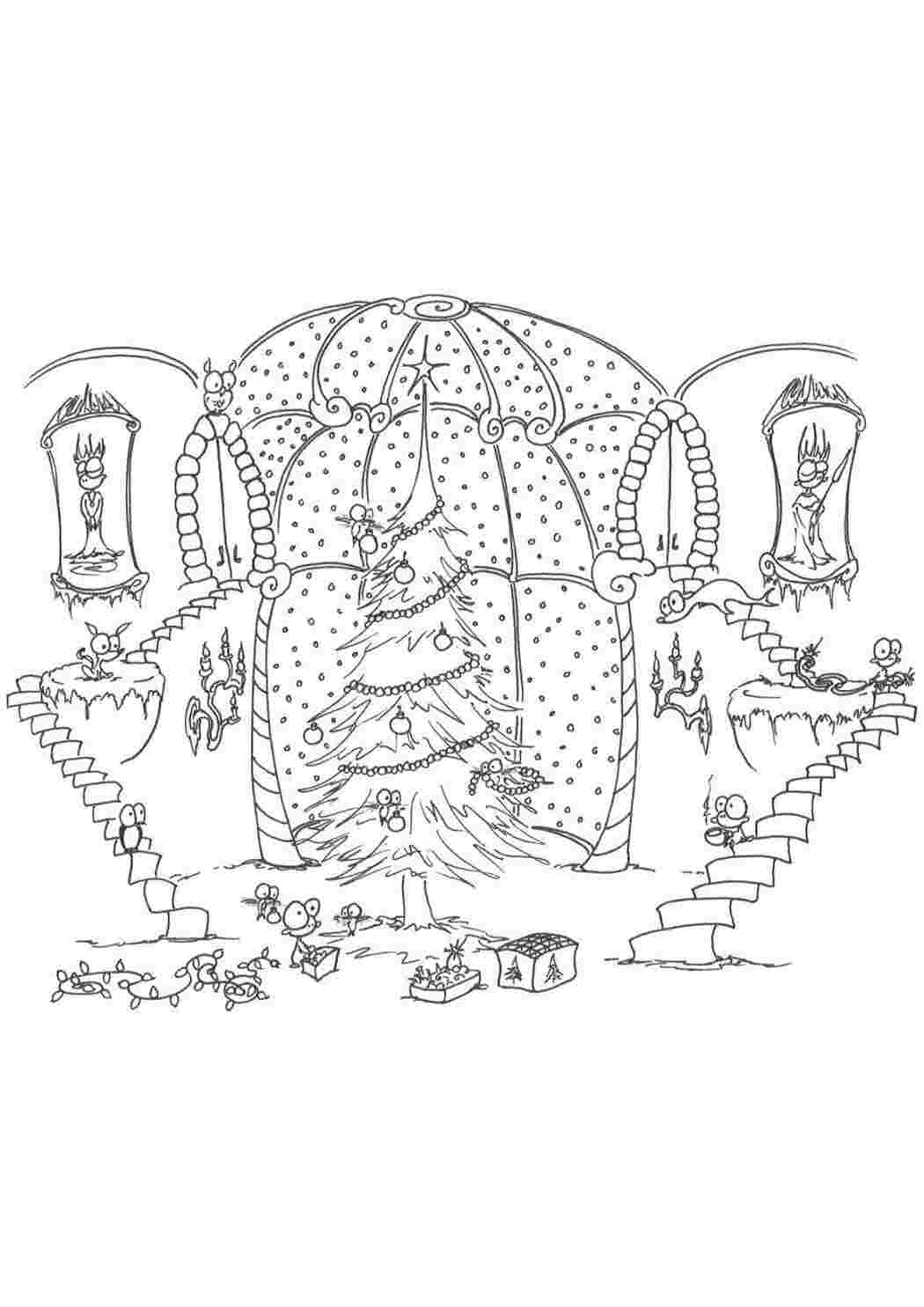 Раскраски Ёлка в замке рождество Рождество, ёлочная игрушка, ёлка, подарки