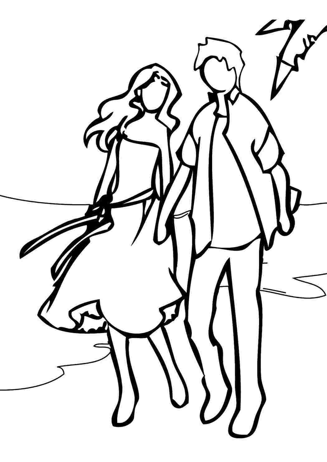 Раскраски Парень с девушкой гуляют по берегу Пляж пляж, парень, девушка