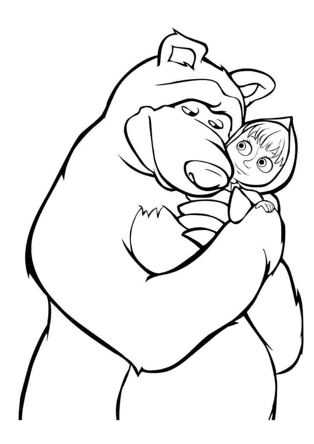 Раскраски Маша и медведь. раскраски из мультфильма ,Медведь обнимает Машу,