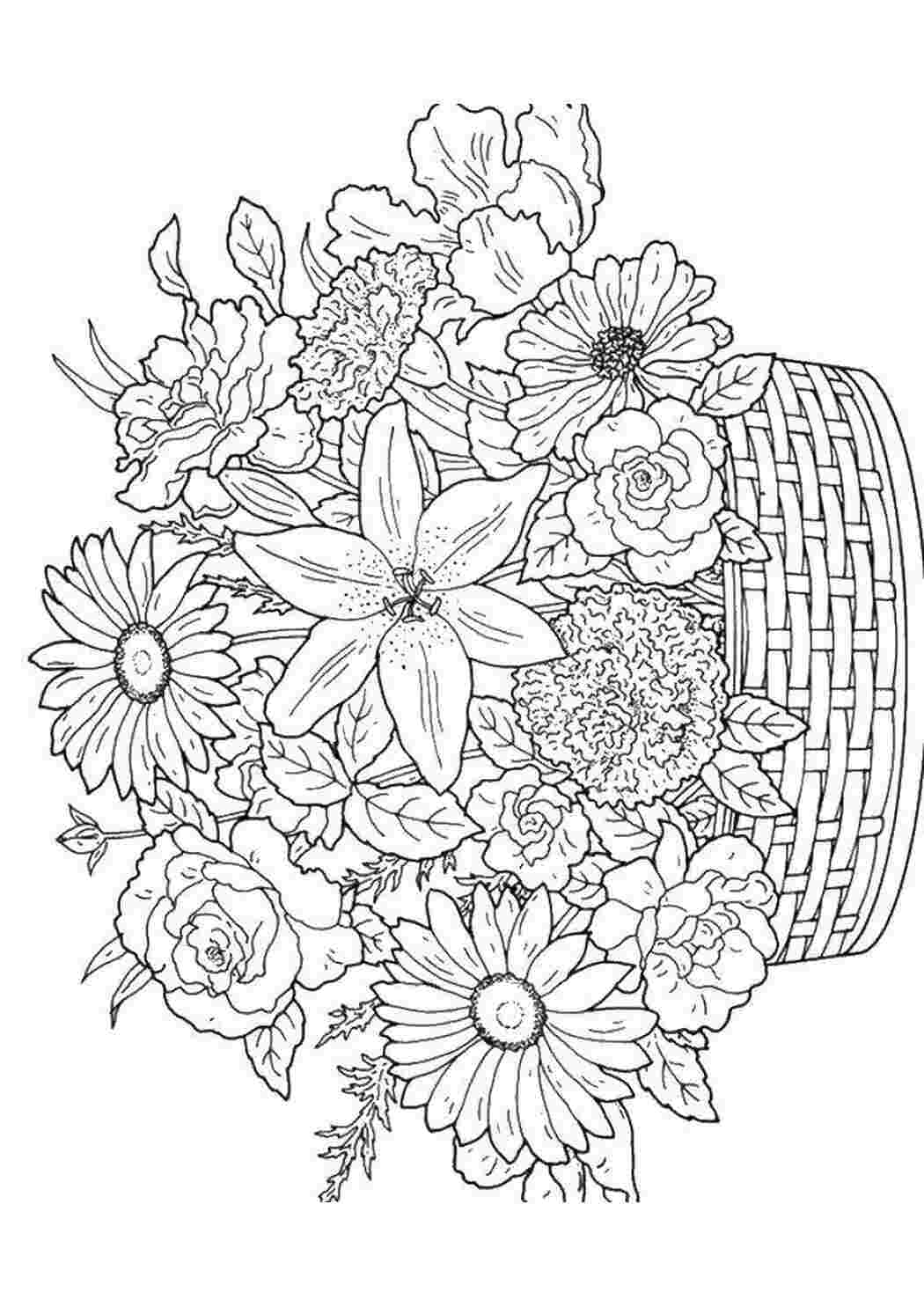 Раскраски Корзина и цветы цветы корзина, цветы, букет