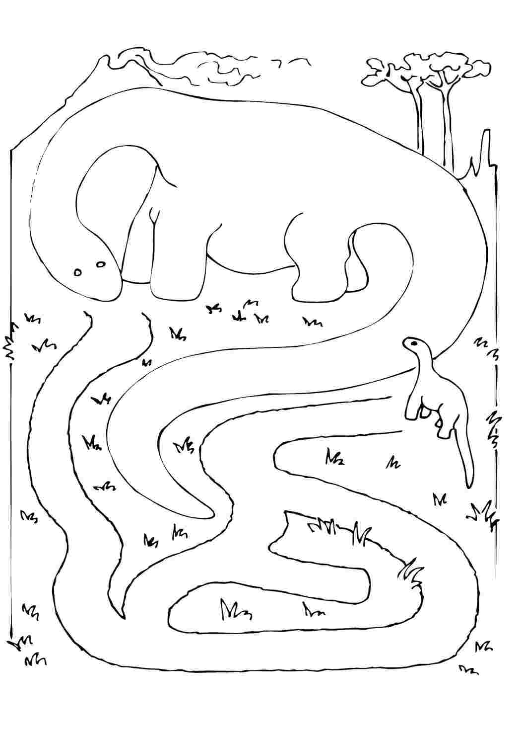 Раскраски Помоги динозаврику дойти до мамы лабиринты Лабиринт, логика
