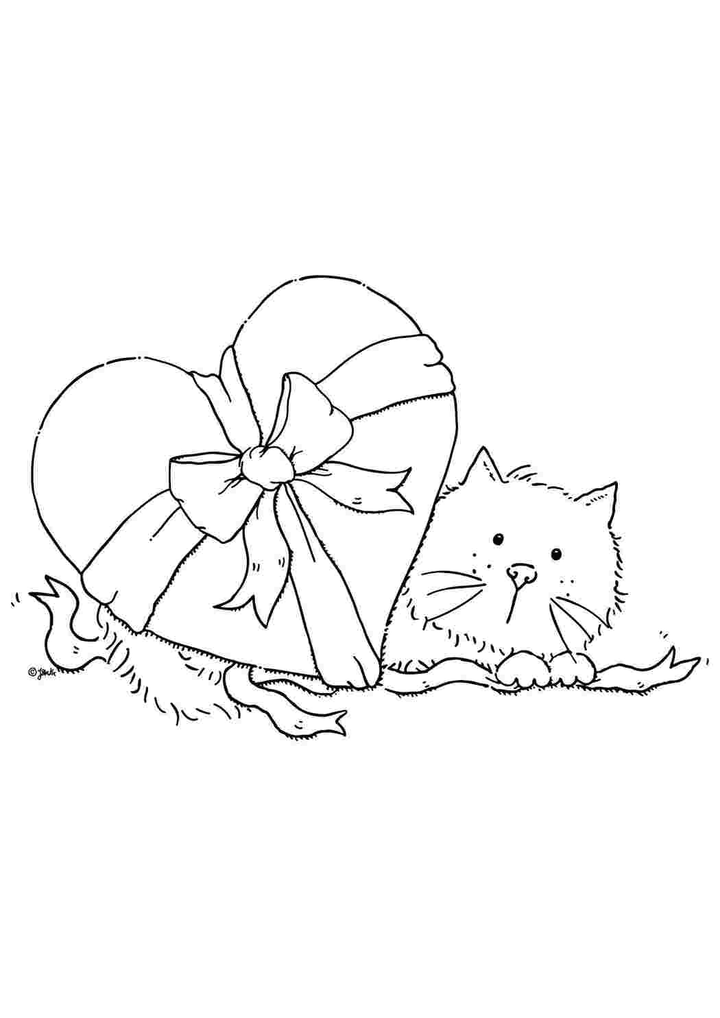 Раскраски Киса с коробкой конфет Коты и котята Животные, котёнок