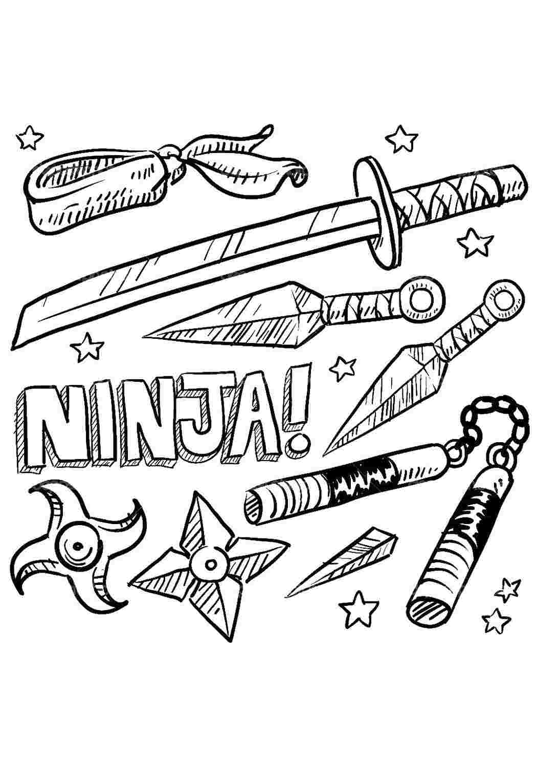 Раскраски картинки на рабочий стол онлайн Оружие ниндзя, катана, сурекены, повязка Раскраски для мальчиков