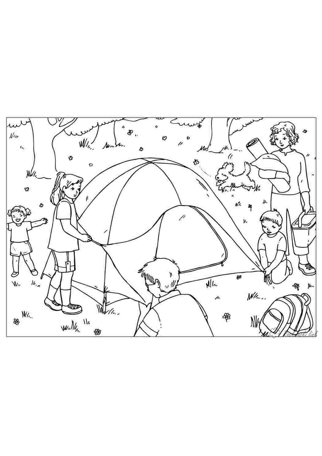Раскраски рисунок дети играют собирают палатку мама Раскраски Лето 