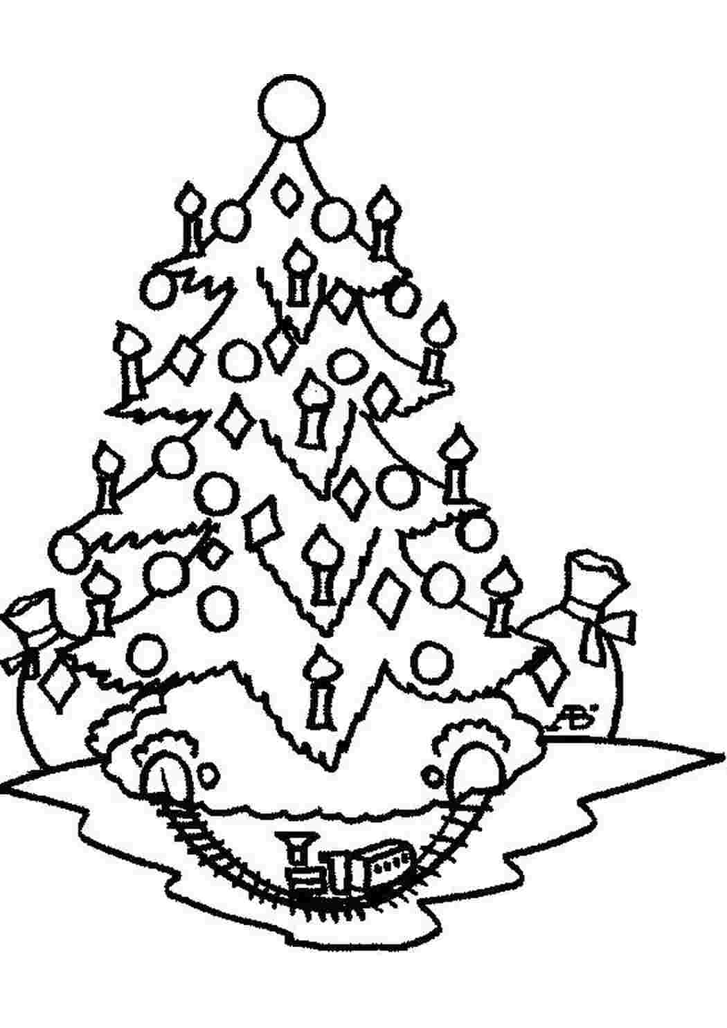 Раскраски Новогодняя елка с железной дорогой. Новый год Елка