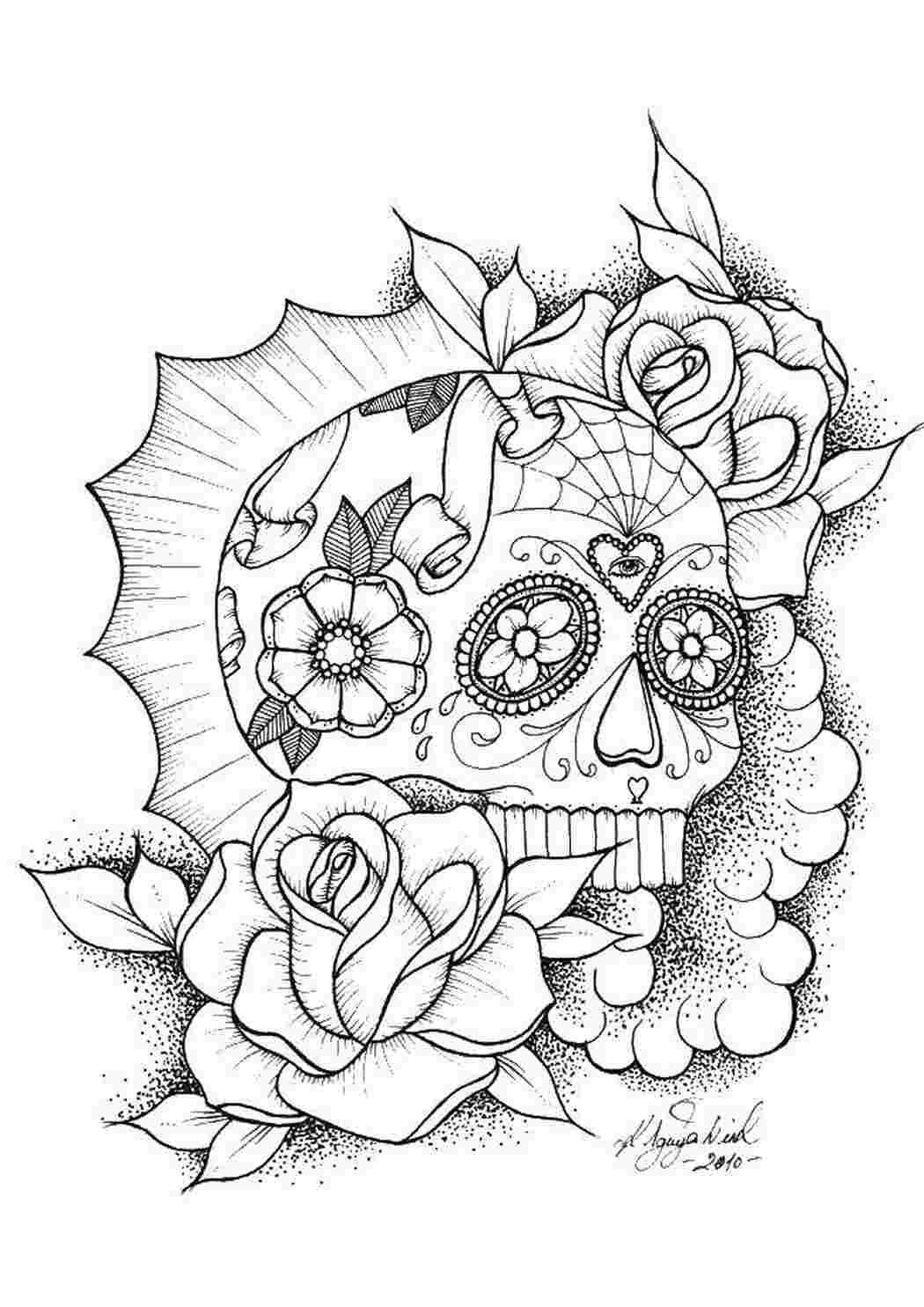 Раскраски Красивый череп с розами Череп черепа, розы, кости