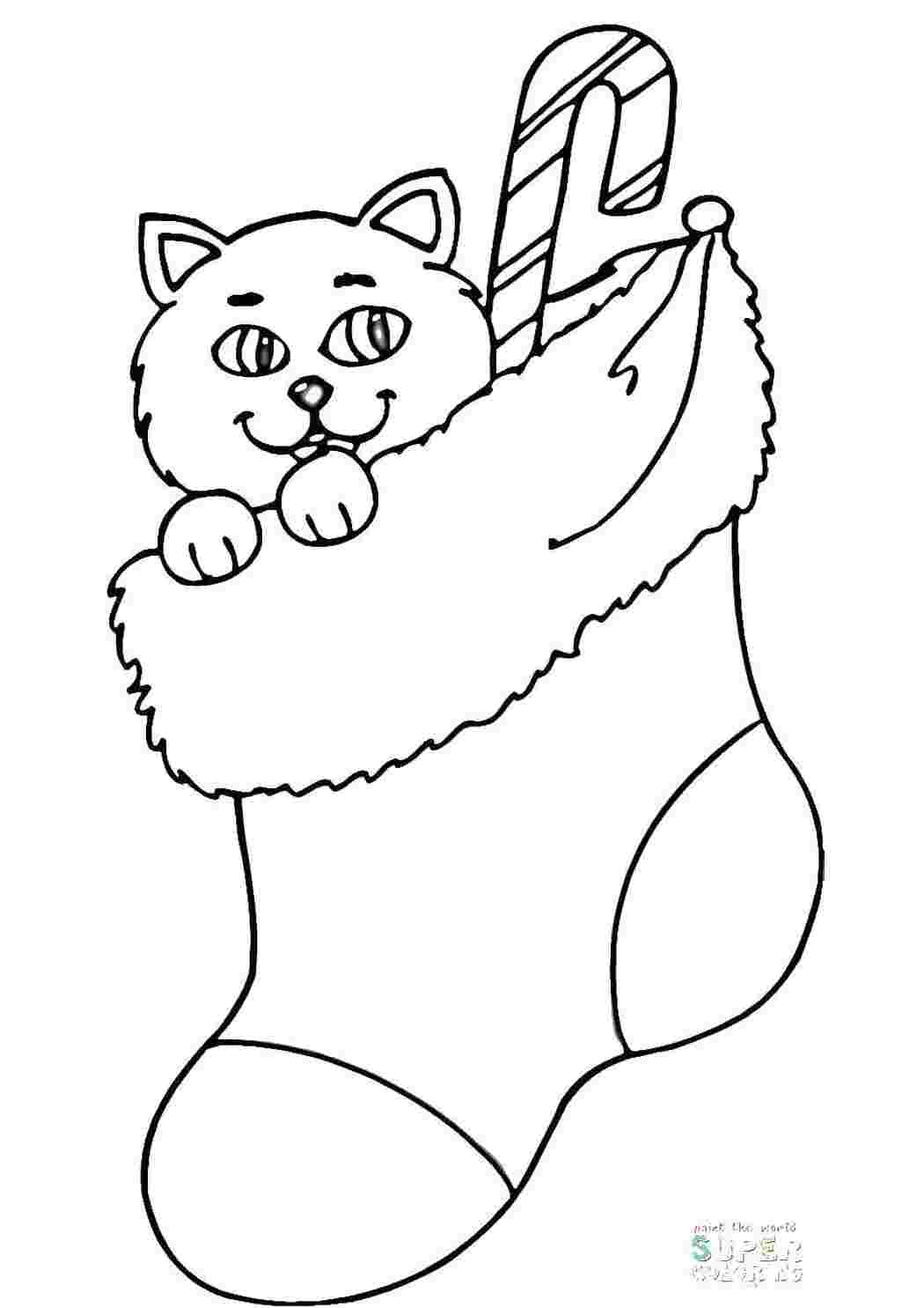 Раскраски Котенок в носке рождество носок, котенок, леденец