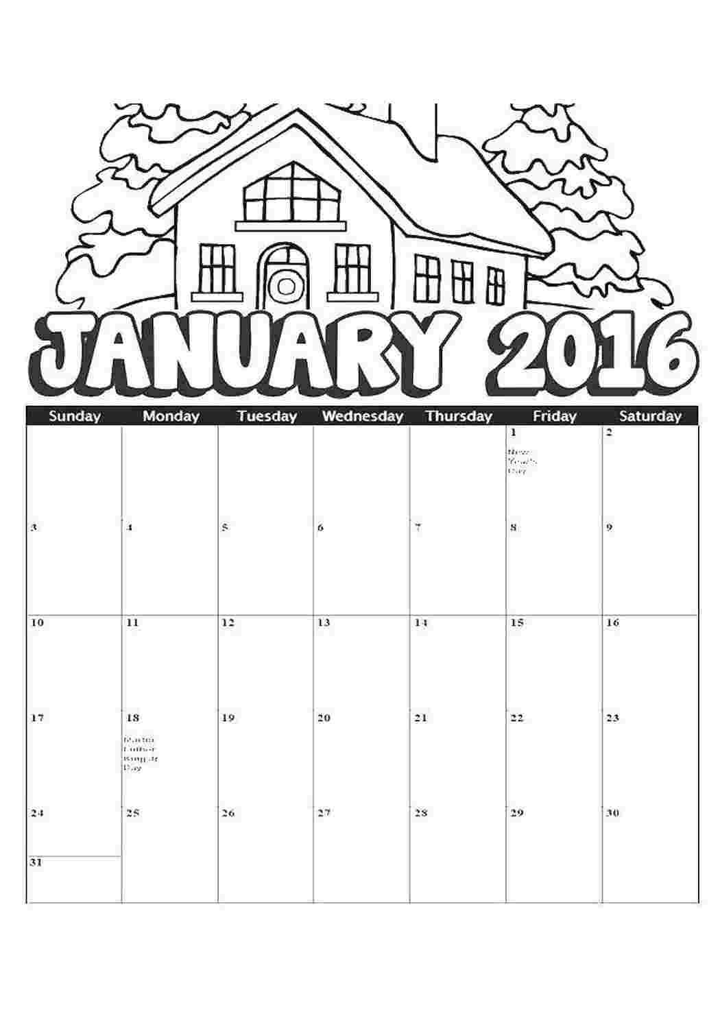 Раскраски Январь 2016 Календарь календарь, январь