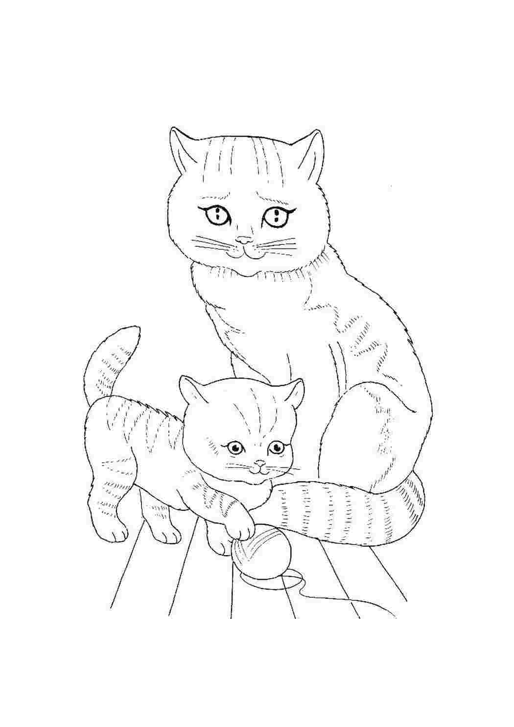 Раскраски Кошка и котенок с клубком ниток котики кошка, котенок, клубок
