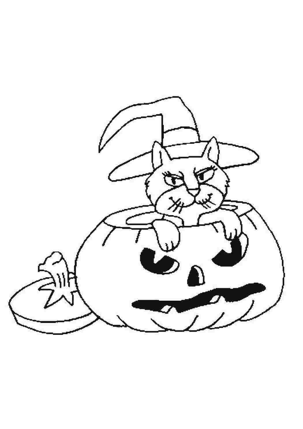 Раскраски Кот в шляпе ведьмы тыква на хэллоуин Хэллоуин, тыква