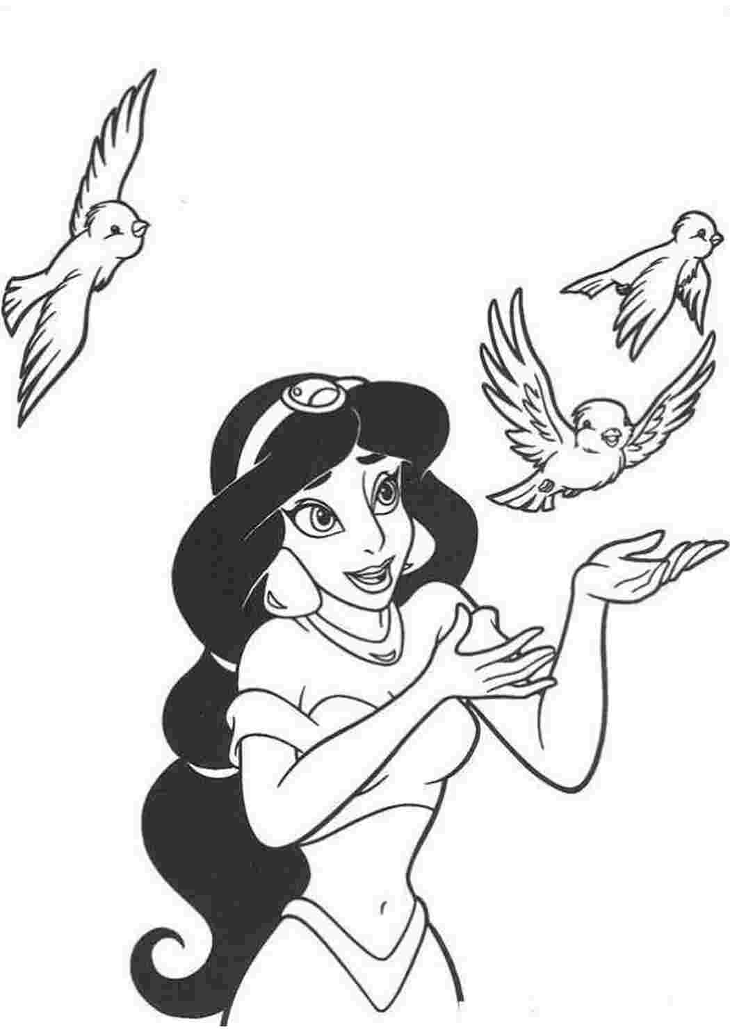 Раскраски Жасмин с птицами ковер самолет принцесса, Жасмин, птицы