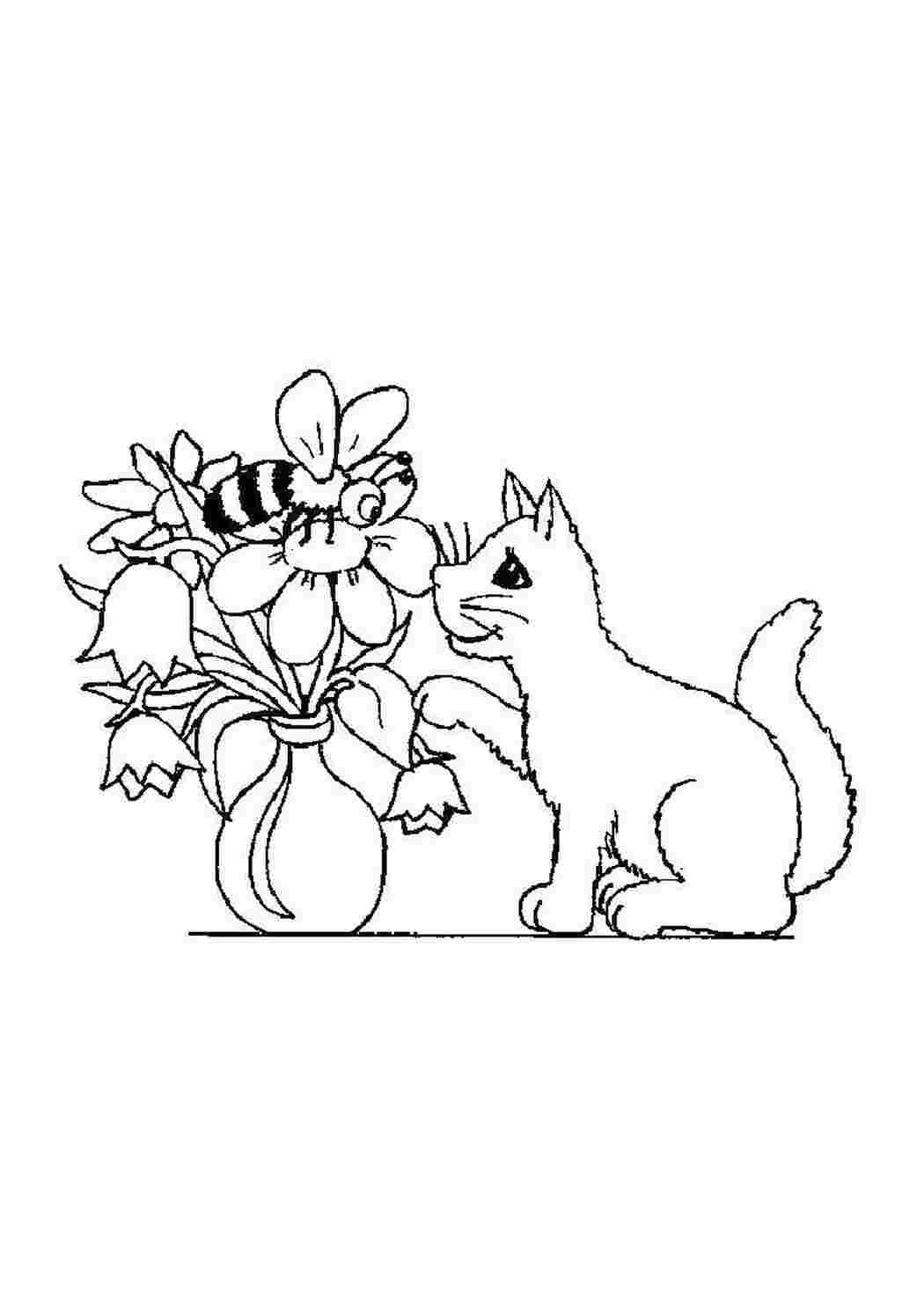 Раскраски Кошка и ваза с цветами Коты и котята животные, котенок, кошка, цветы