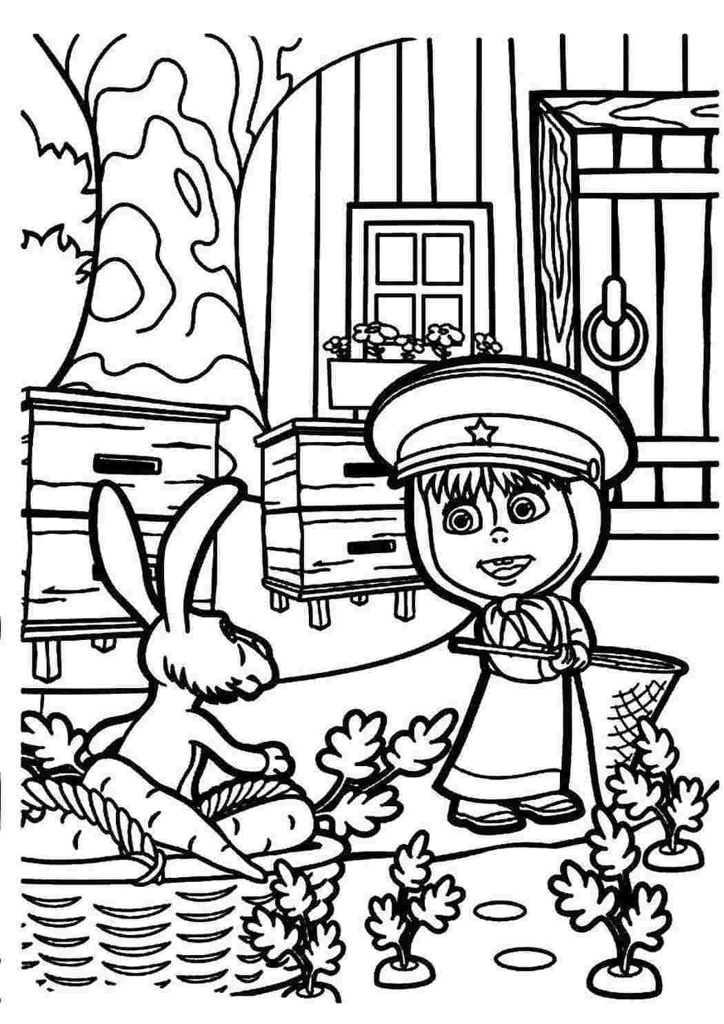 Раскраски Раскраски для детей про озорную Машу из мультфильма Маша и медведь  Маша охотится на зайца