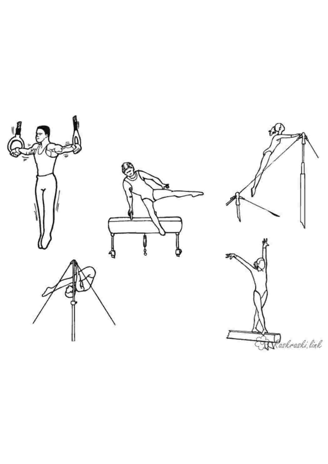 Раскраски гимнастика, спорт, брусья, кольца Раскраски Гимнастика 