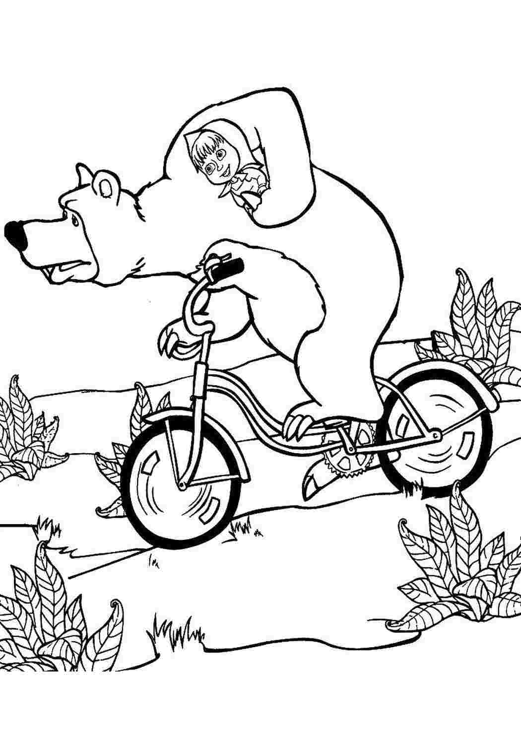 Раскраски Раскраски для детей про озорную Машу из мультфильма Маша и медведь  Миша  везет машу  на велосипеде