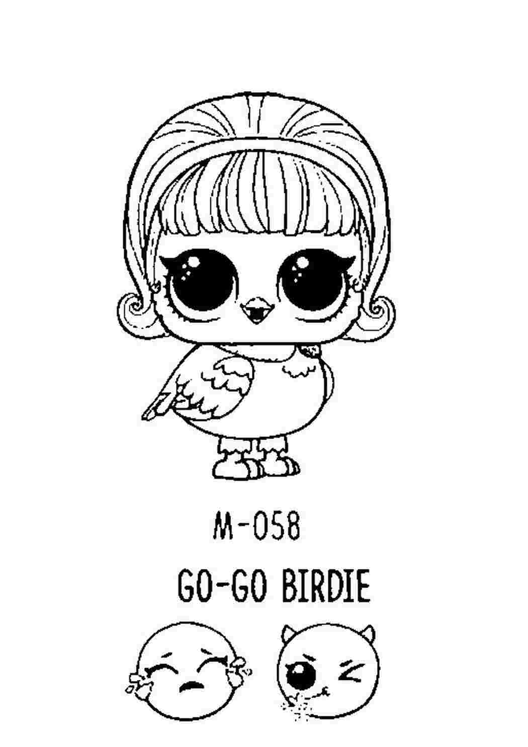 Раскраски Раскраски куклы лол go-go birdie, птичка лол, гоу-гоу-бёрди. Раскраски куклы лол новые серии go-go birdie, питомец куклы лол птичка из второй серии животных, птичка с прической каре, с волосами закрученными наружу, короткой прямой челкой и лентой на голове.