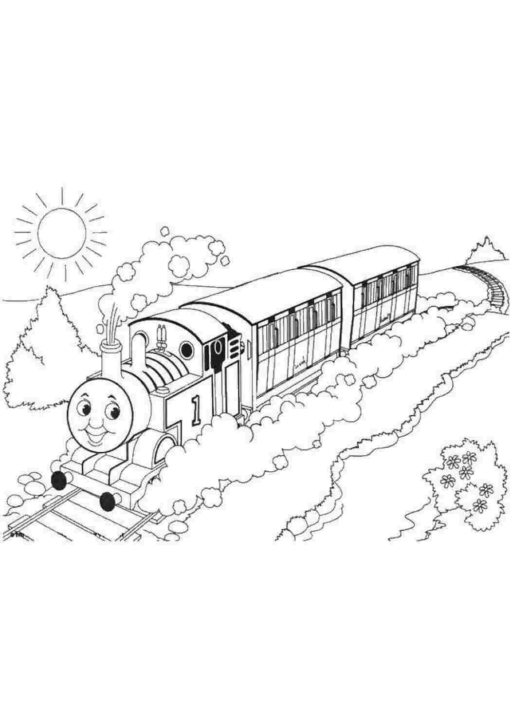 Поезд-раскраска для детей мультфильм паровоз на железной дороге веселый локомотив иллюстрация