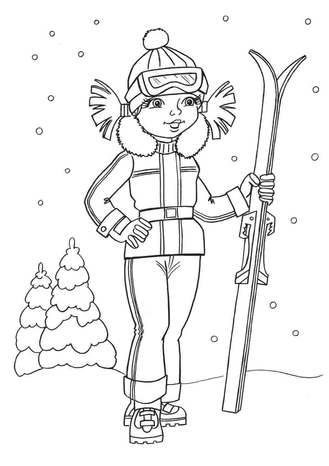 Раскраска. Зима. Девочка на лыжах в зимнем лесу