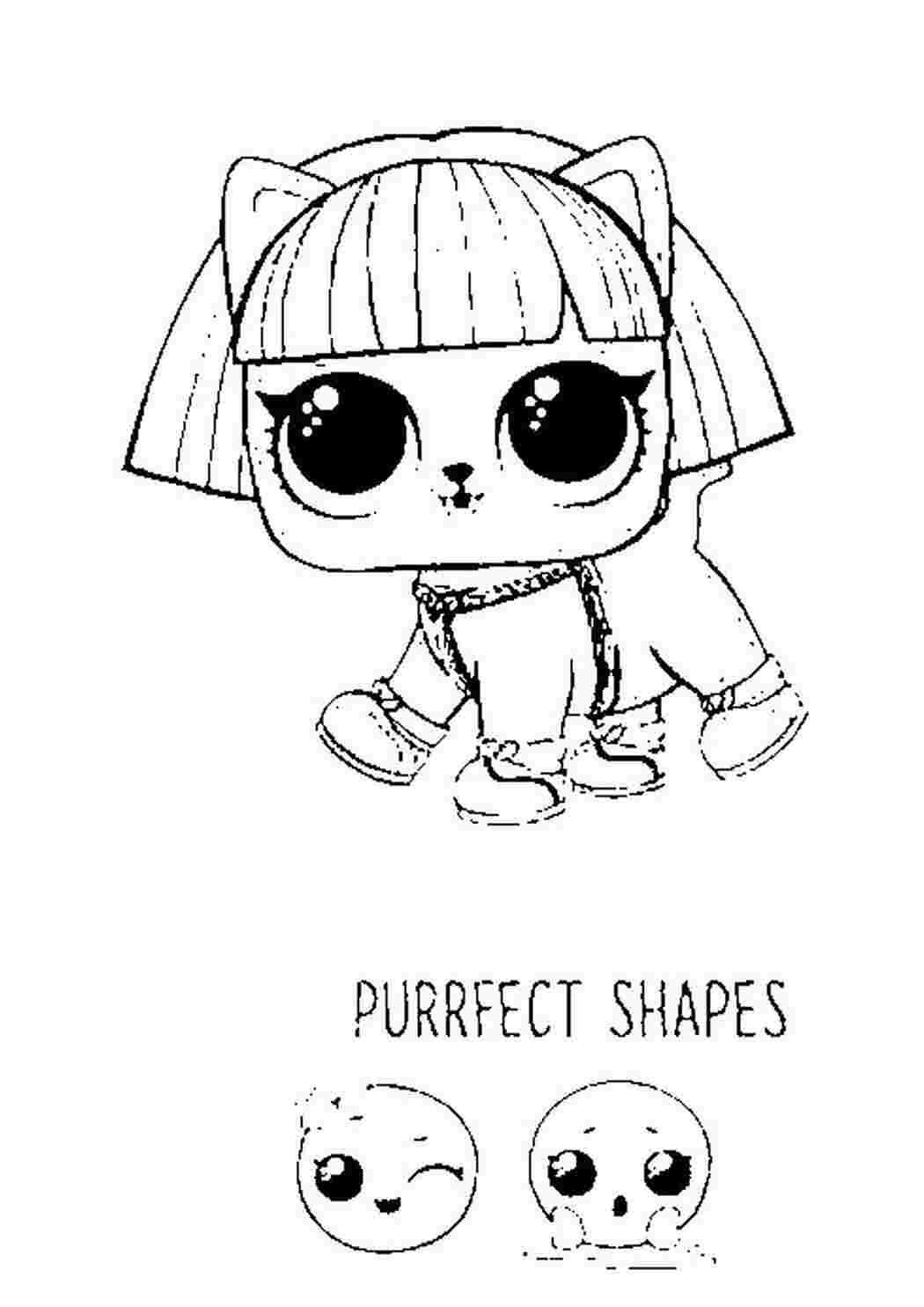 Раскраски лол питомцы purfect shpes, лол котенок черный с двуцветными прямыми волосами и длинной челкой, котенок с ошейником для кошек, котенок в ботинках с бантиками, 