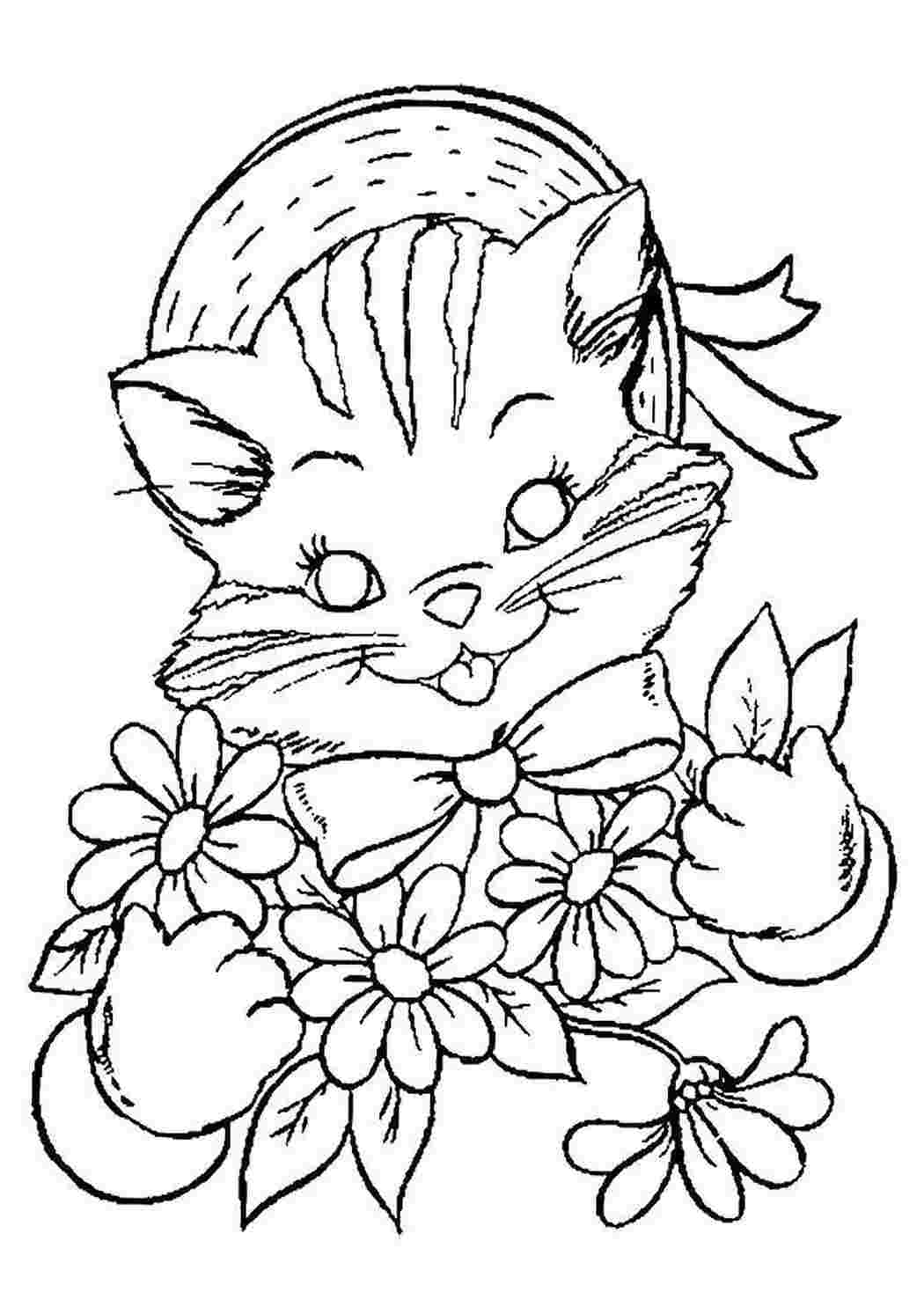 Раскраски Котенок с бантиков и цветами в панамке котята и щенки кот, цветы