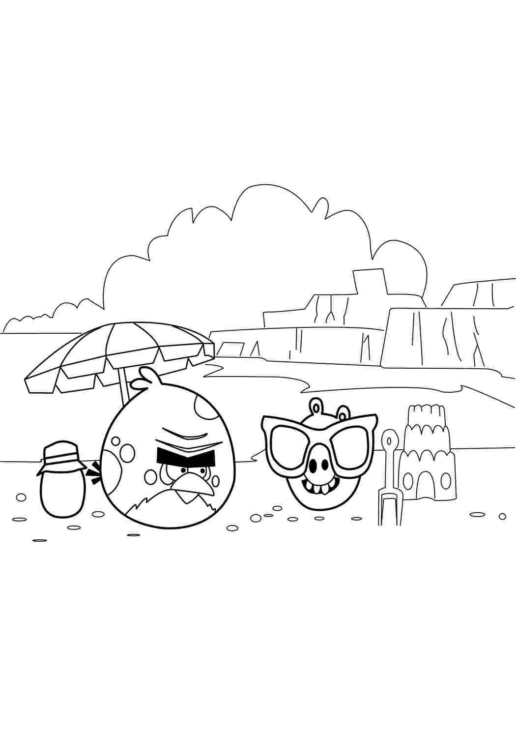 Раскраски картинки на рабочий стол онлайн Angry birds злые птички, птичка и поросенок на пляже, зонтик, песок, замок из песка, скалы, море Раскраски для детей мальчиков