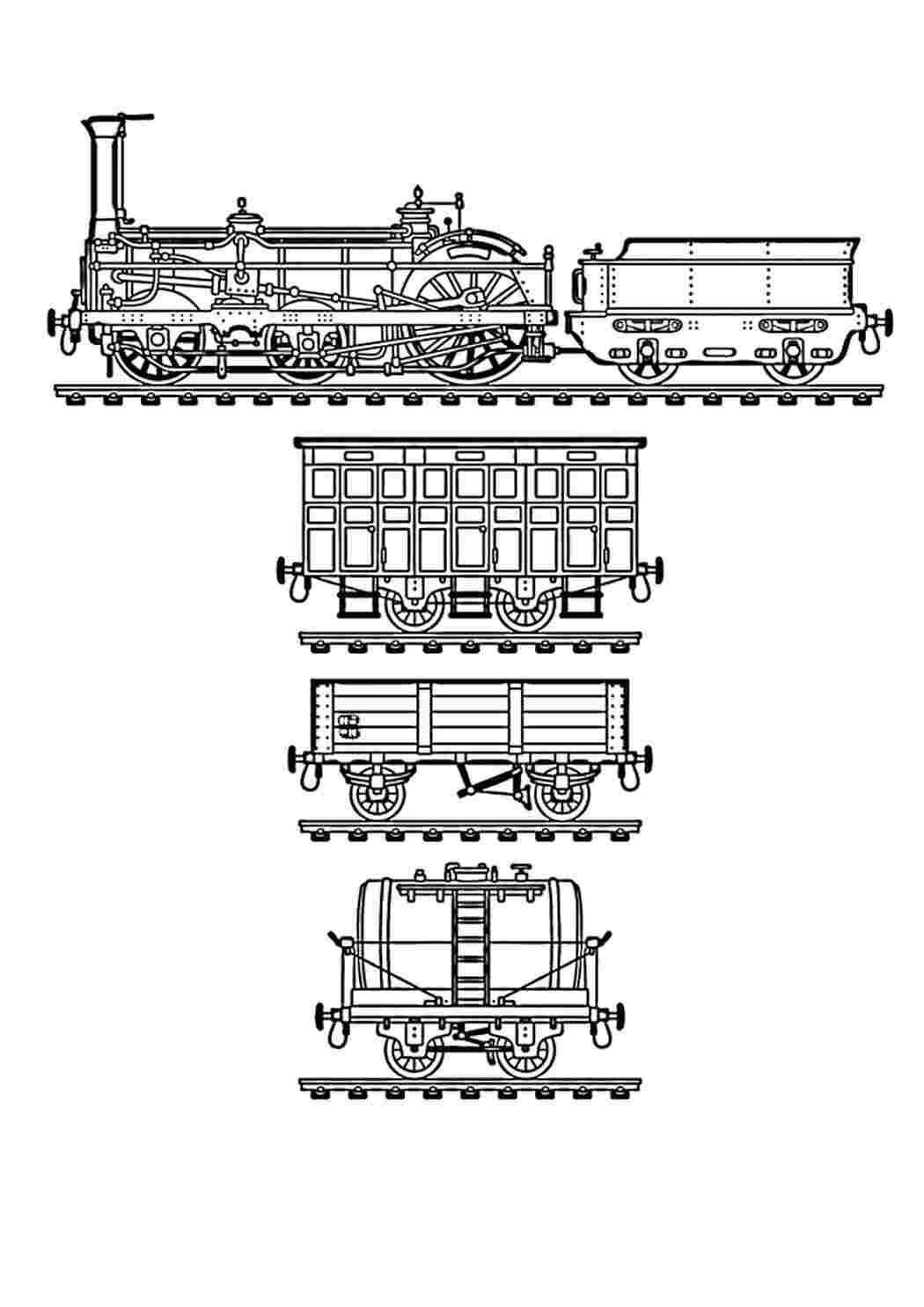 Паровоз и разные вагоны с тяжёлым грузом Раскраски скачать и распечатать бесплатно.