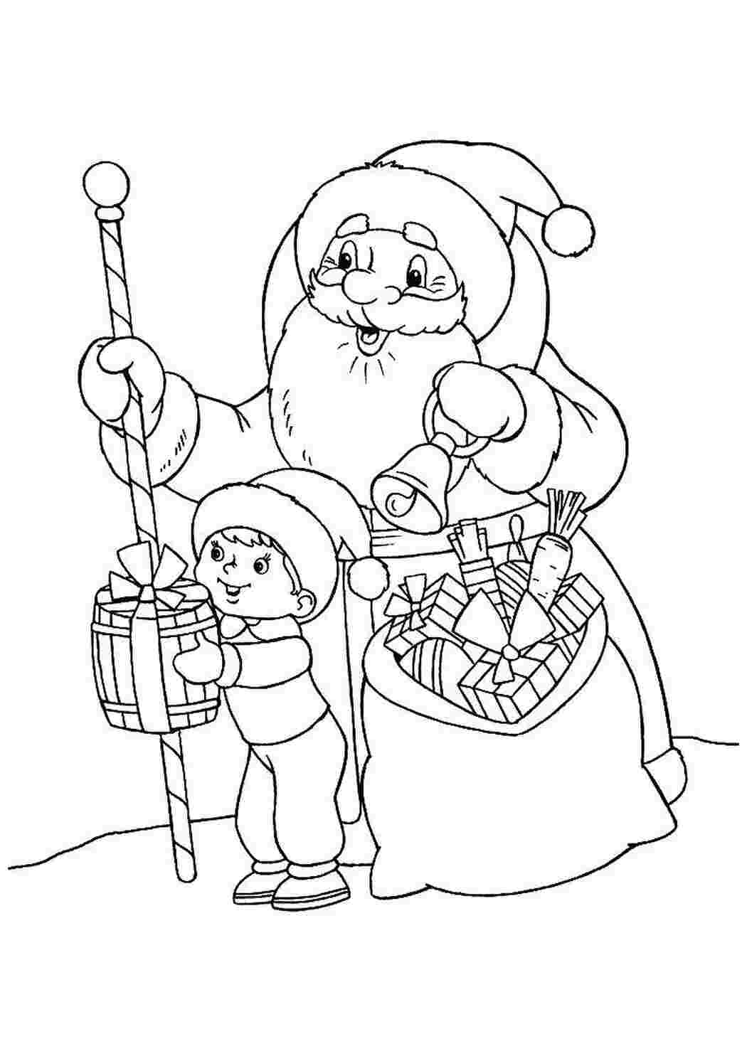 Раскраски Дед мороз и мальчик Раскраски для малышей дед мороз, мальчик, подарок