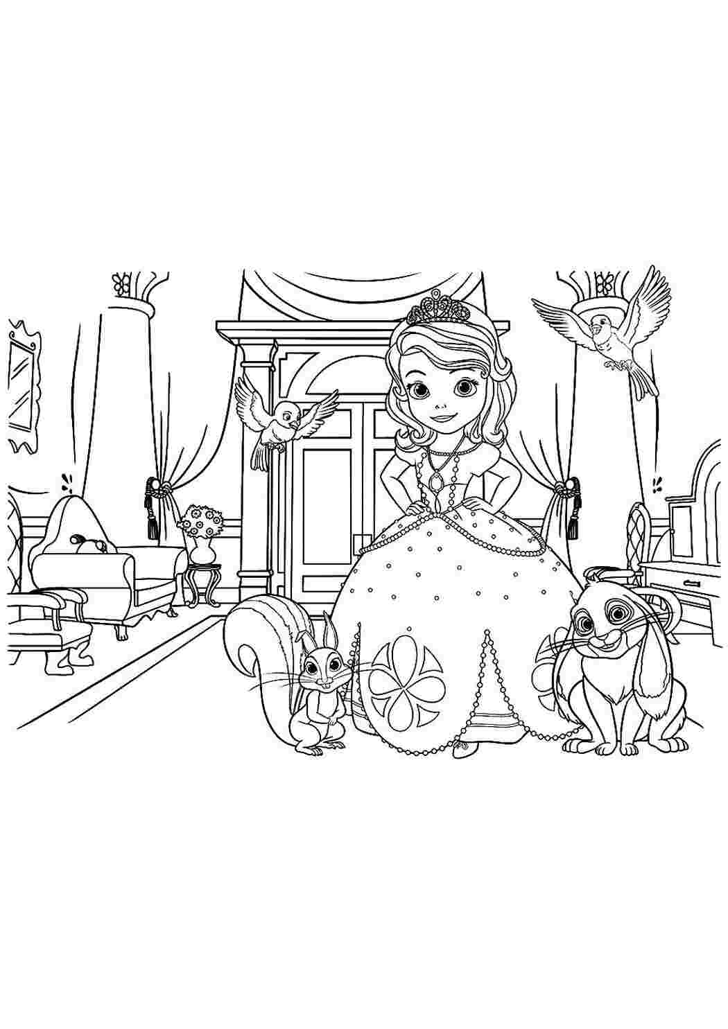 Раскраски Раскраски с принцессой Софией для девочек. Раскраски из мультфильмов про принцесс  Раскраска принцесса София во дворце в окружении животных