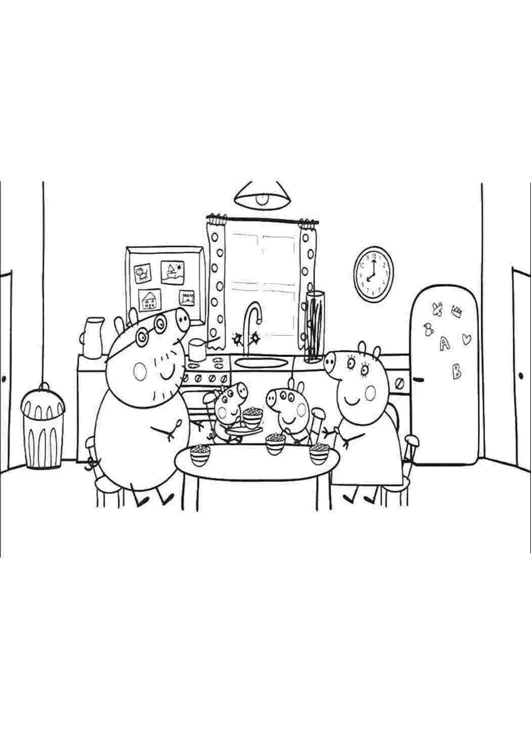 Раскраски Семья свинки пеппы за столом Свинка Пеппа свинка Пеппа, стол, мама, папа, брат