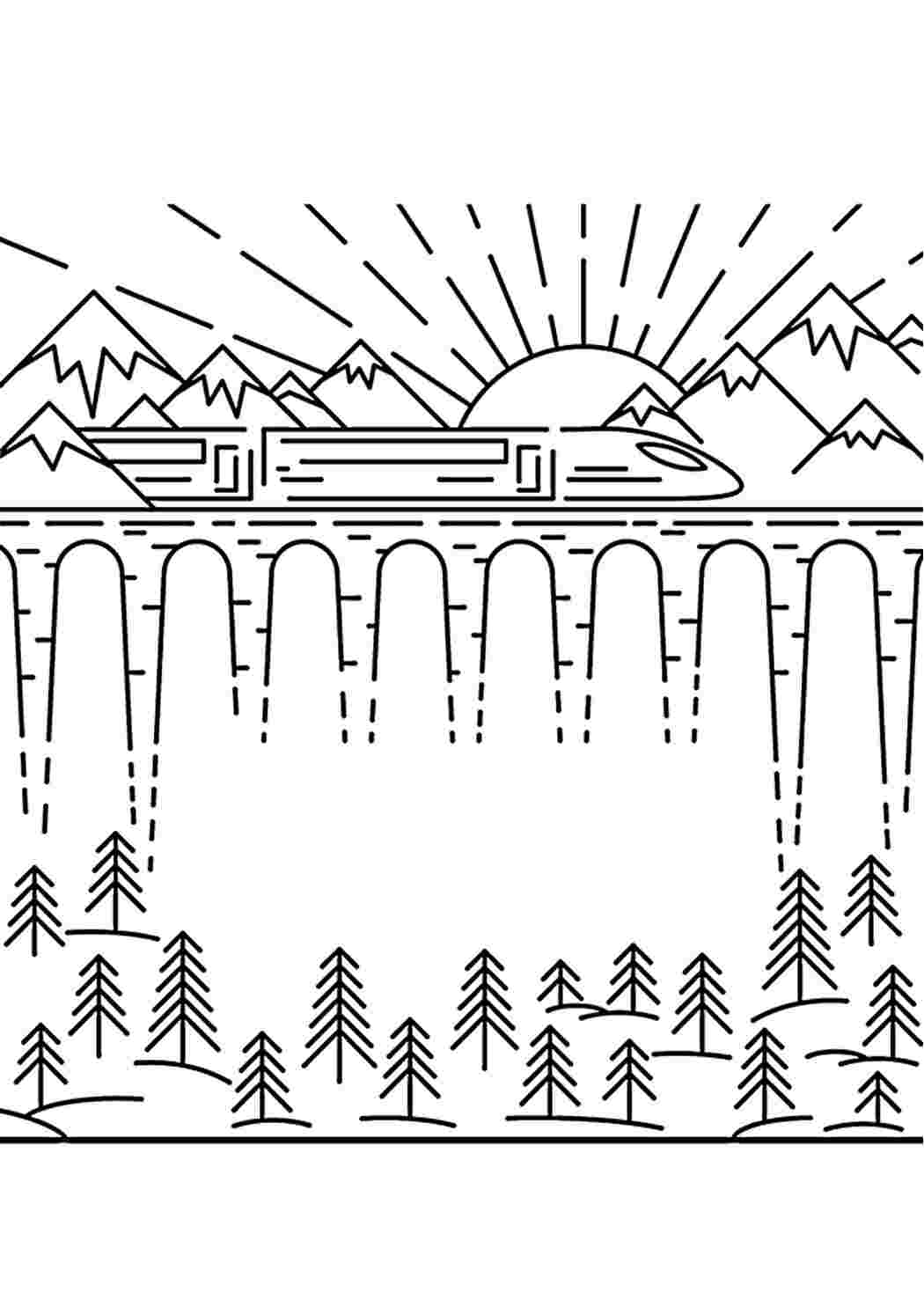 Поезд в горах - красивая раскраска Раскраски скачать и распечатать бесплатно.