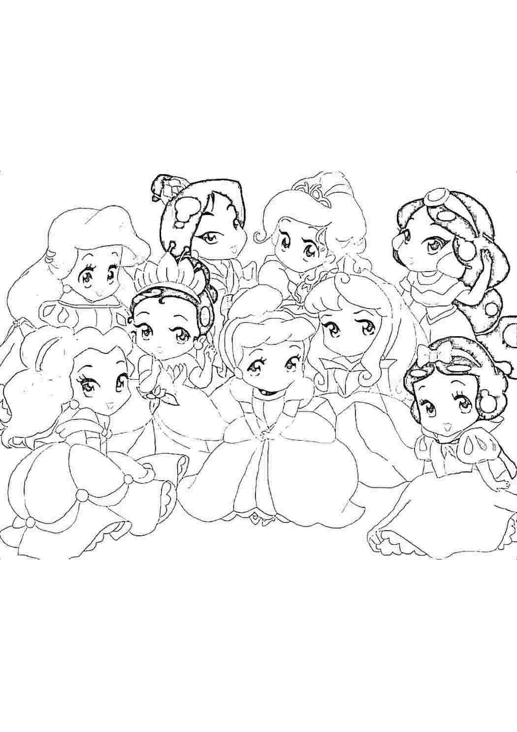 Раскраски Маленькие принцессы диснея Принцессы Белоснежка, Жасмин, Золушка, Ариэль