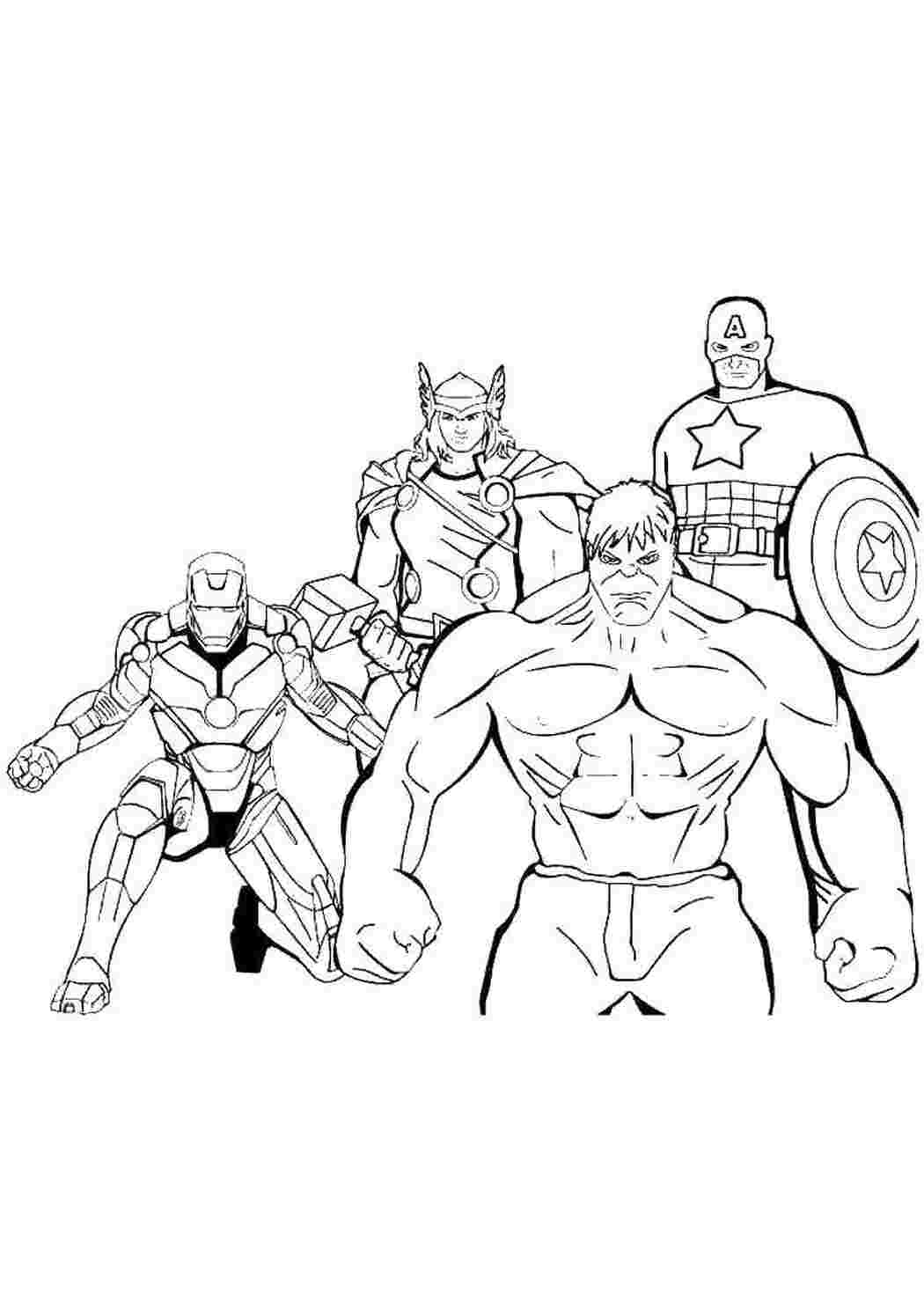 Раскраски Железный человек, тор, халк и капитан америка супергерои Комиксы