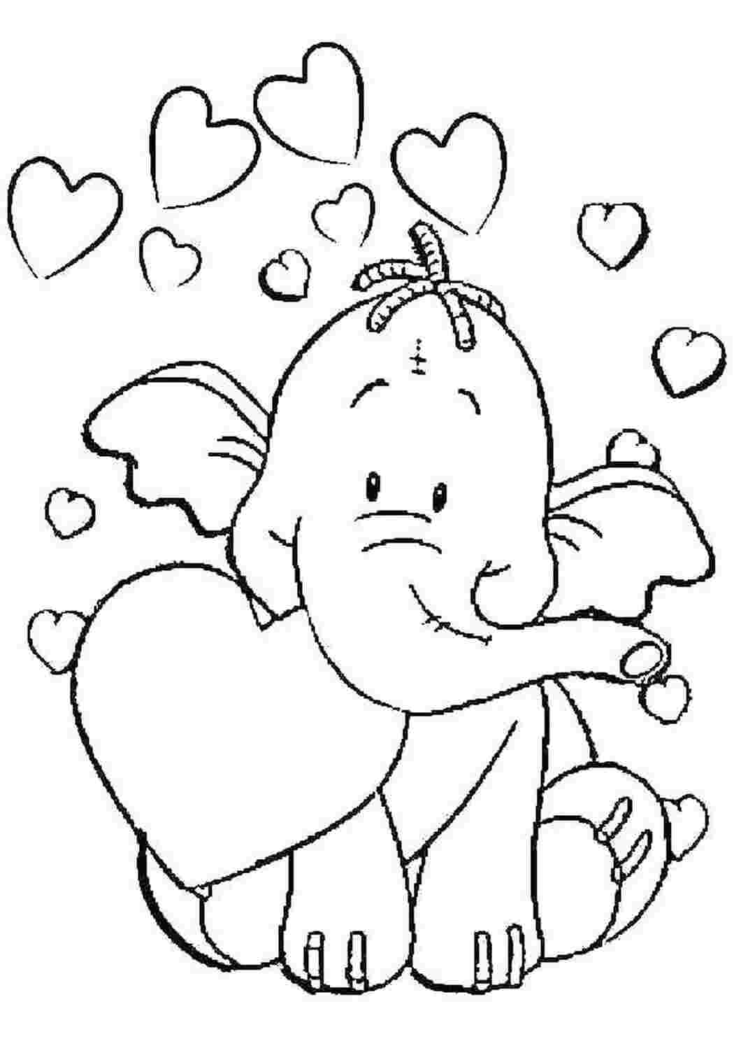 Раскраски Слон с сердечками Животные животные, слоны, сердечки