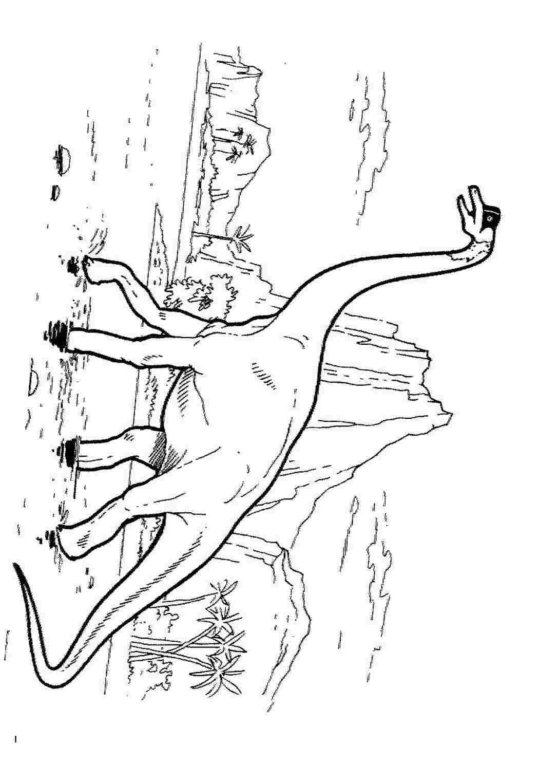 Раскраски картинки на рабочий стол онлайн Динозавр идет по воде, горы, пальмы, скалы Раскраски для мальчиков