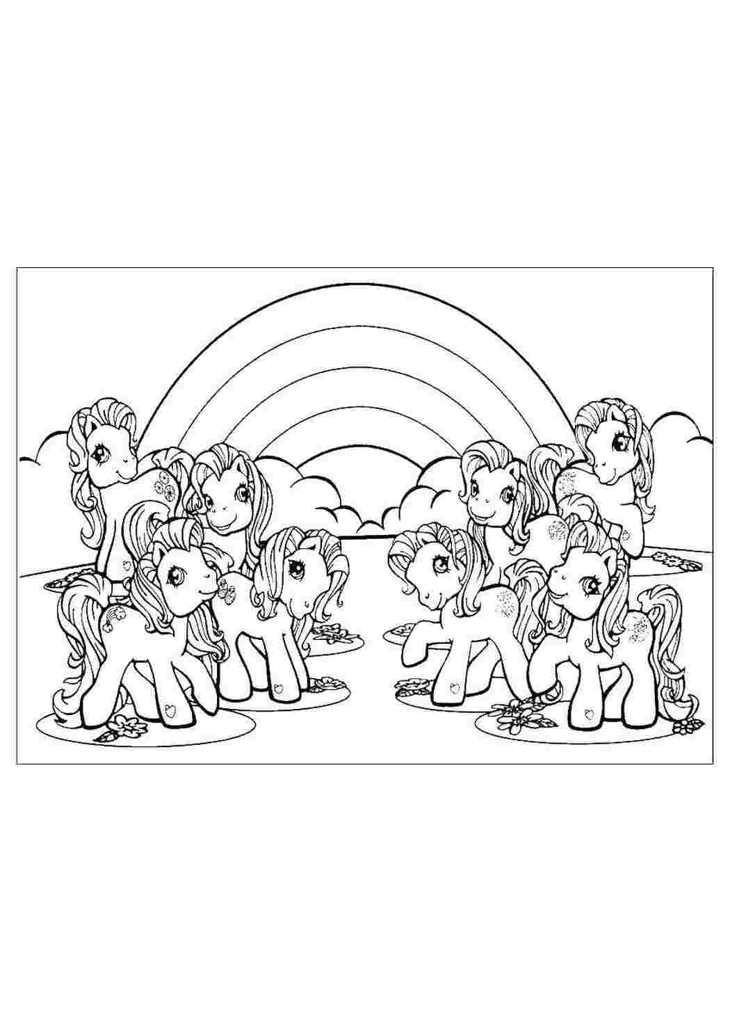 Раскраски Восемь милых пони на фонерадуги Пони Пони, радуга, my little ponny