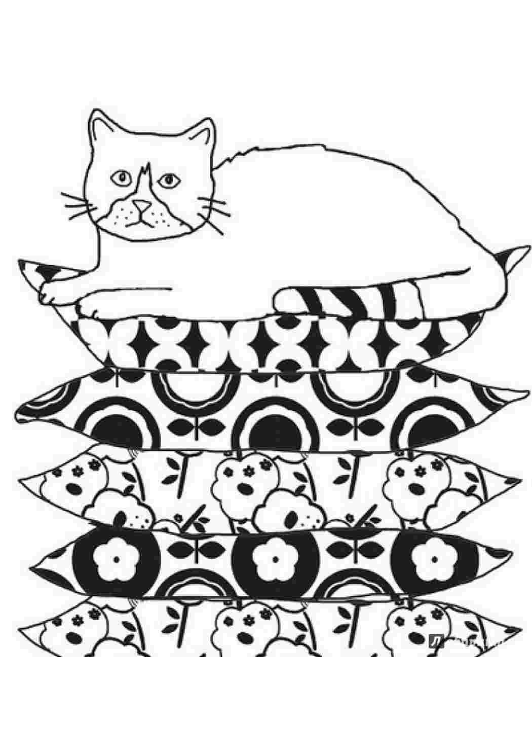 Кототерапия. раскраска-антистресс для взрослых, кот на подушках  Раскраски скачать онлайн