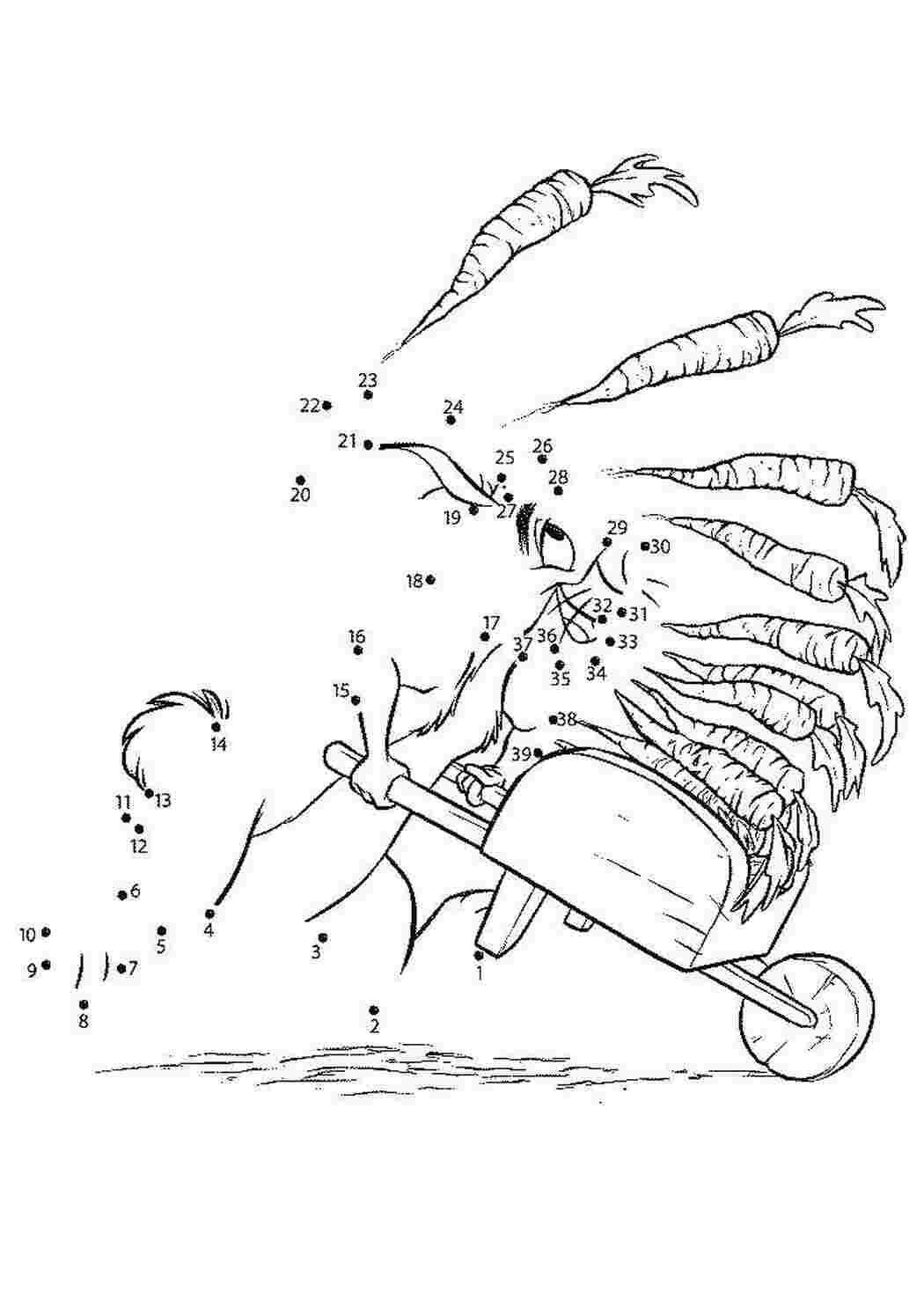 Раскраски Дорисуй по точкам зверька Нарисуй по точкам по точкам, по номерам, морковь